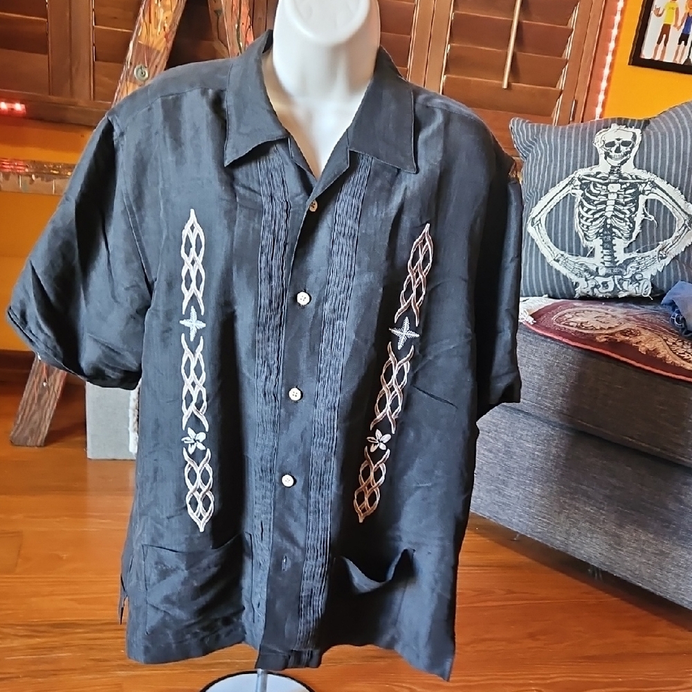 Cubavera Navy Blue Mens Cuban Shirt with Embroidered Detail